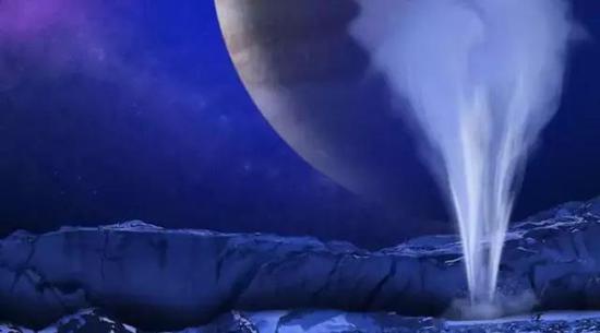欧罗巴上的喷泉。| 图片来源：NASA/ESA/K. RETHERFORD/SWRI