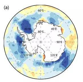 2011年冬季南极云异常，蓝色为少云，橙色为多云（图片来源：Yunhe Wang， 2019， JGR-Atmospheres）